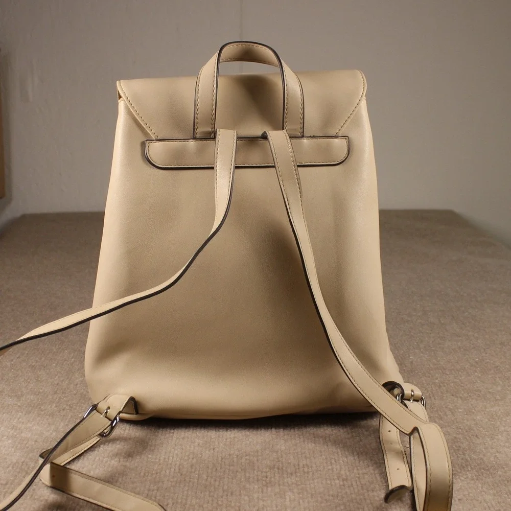Sam Edelman Beige Quilted Faux Leather Drawstring Backpack Logo Flap Bag